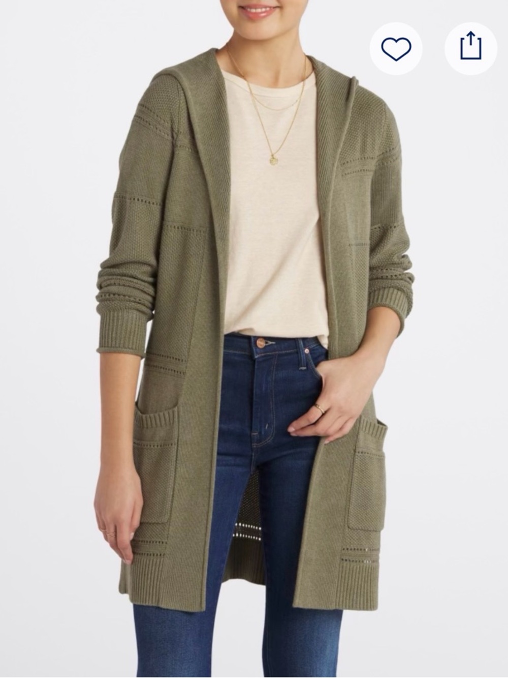 Light Olive Open-Front Knit Cardigan with Pockets